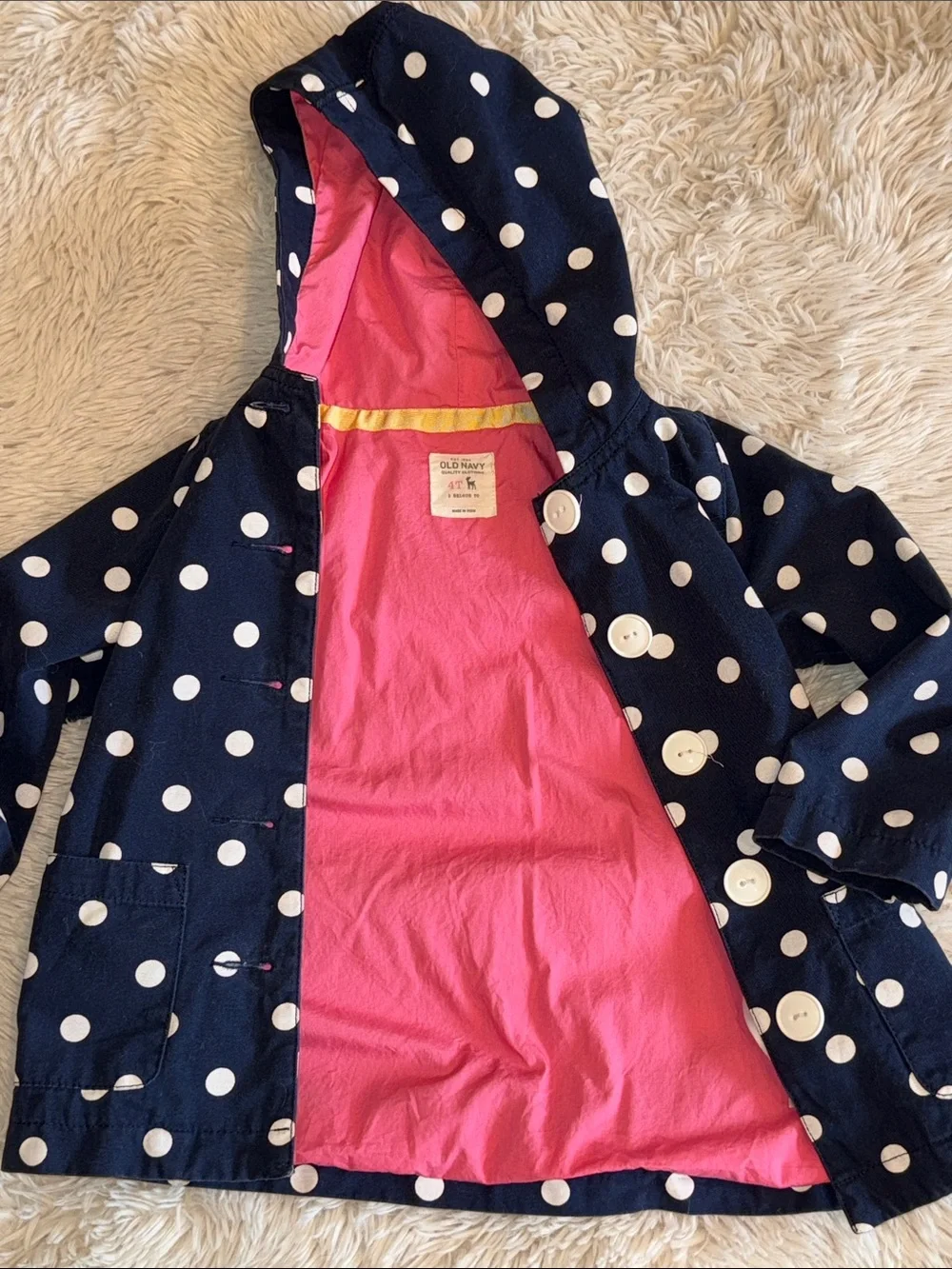 Navy Polka Dot Hooded Button Jacket Old Navy size 4T